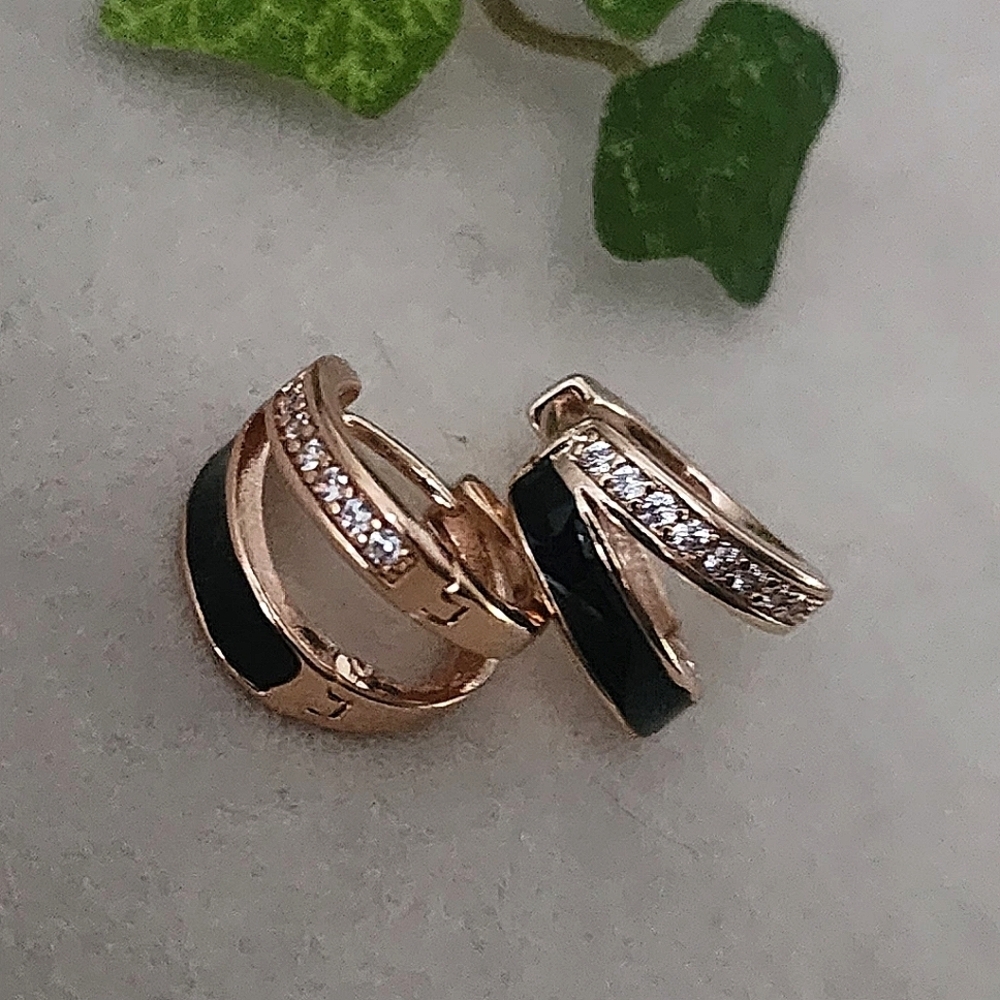 Rose Gold Filled Double Hoop Black Enamel Huggie Earrings